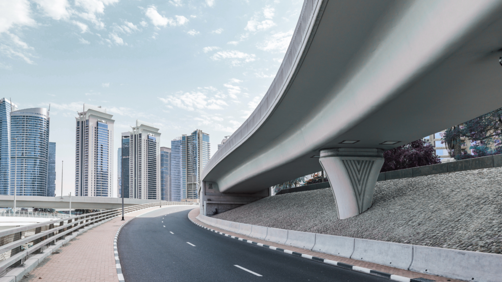 stock photo of bridge and buildings